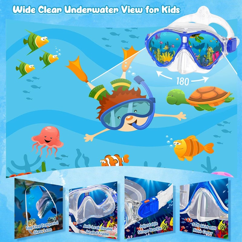 Seovediary Kids Snorkel Set, Mask Fins Snorkeling Gear for Kids Anti-Fog Swim Goggles 180 Panoramic View Dry Top Snorkel and Dive Flippers Combo with Travel Bag for Snorkeling Training Swimming Diving - Image 2